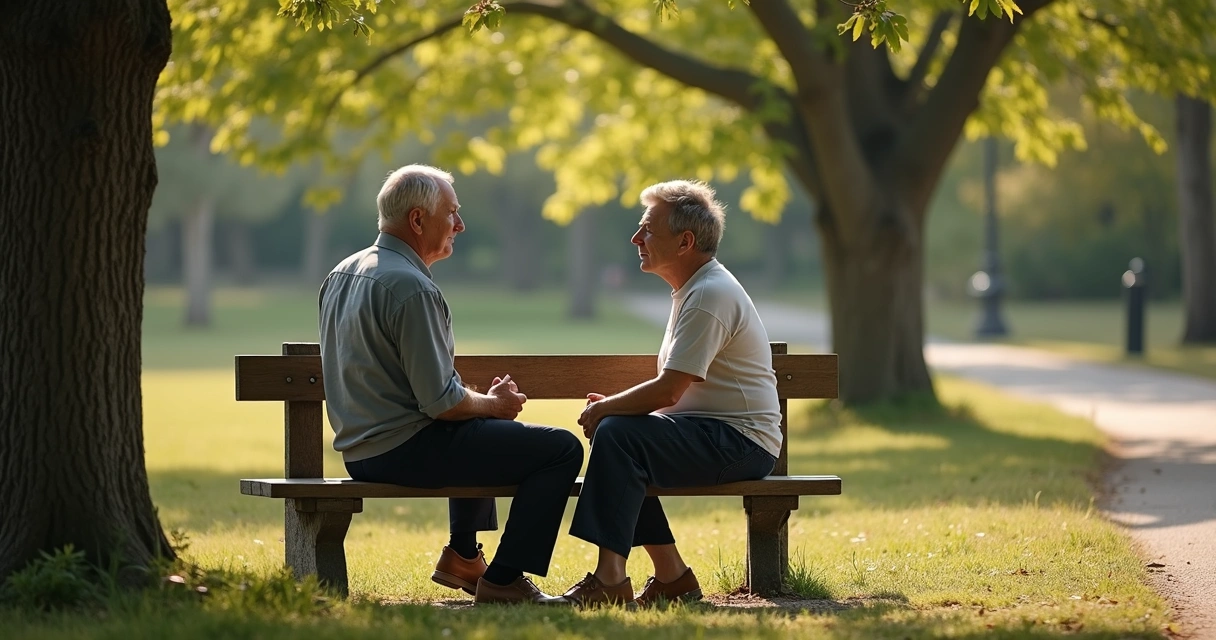 Two people talking on a park bench in soft afternoon light