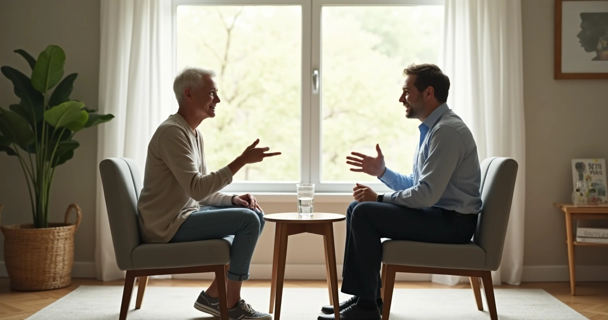 Two people talking calmly in a bright room 