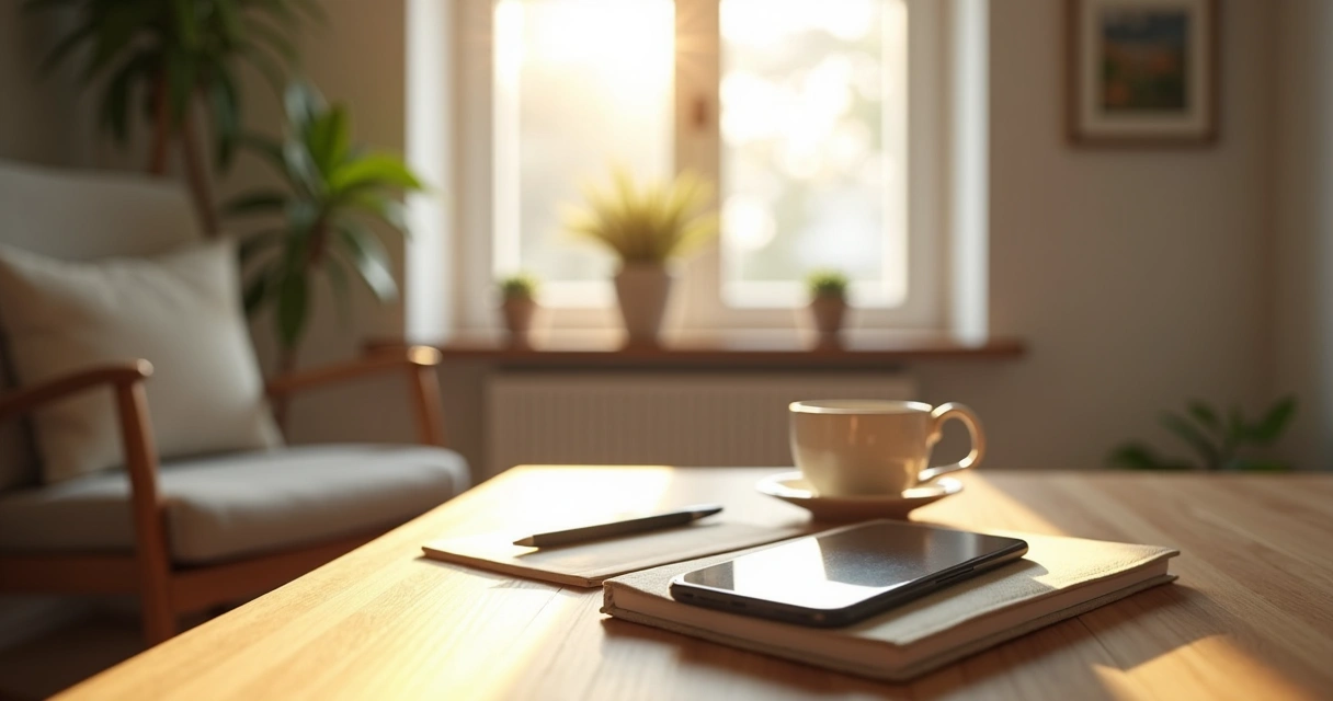 Calm home space with phone set aside and journal on a table