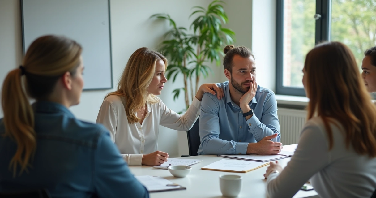 Colleague quietly supporting team member during stressful meeting 