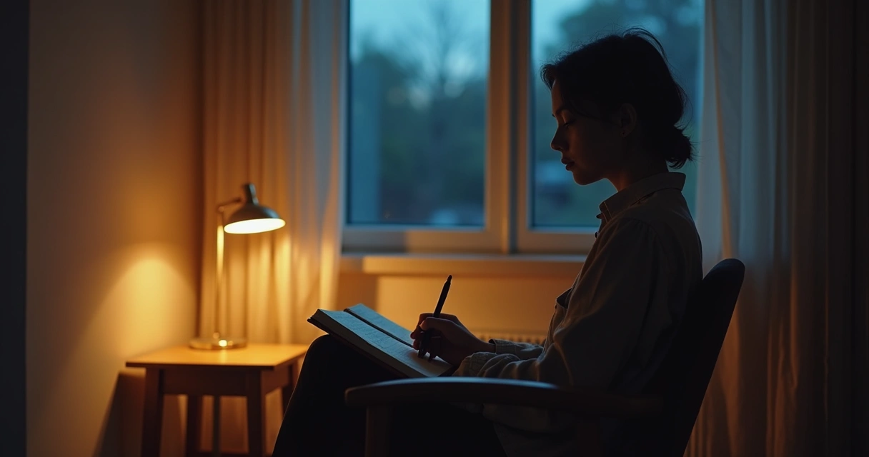 Person sitting quietly with notebook in evening light 