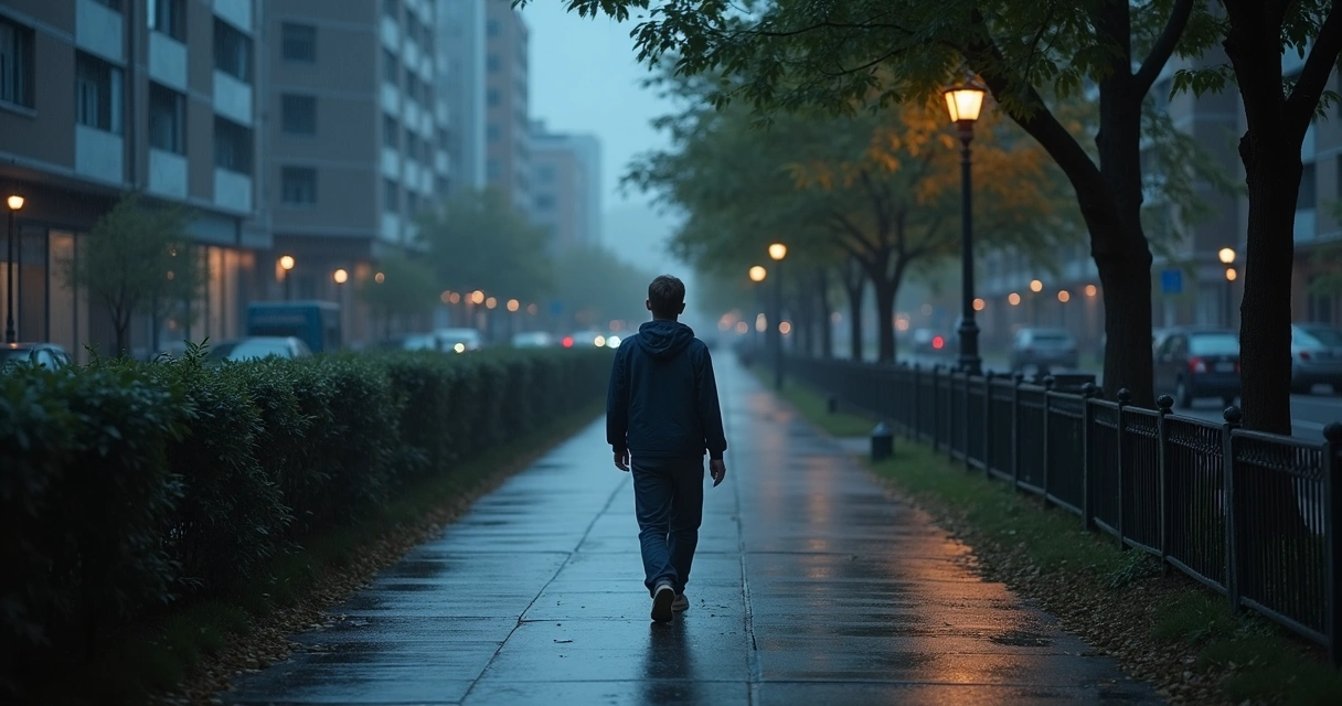 Person walking alone on a quiet evening street