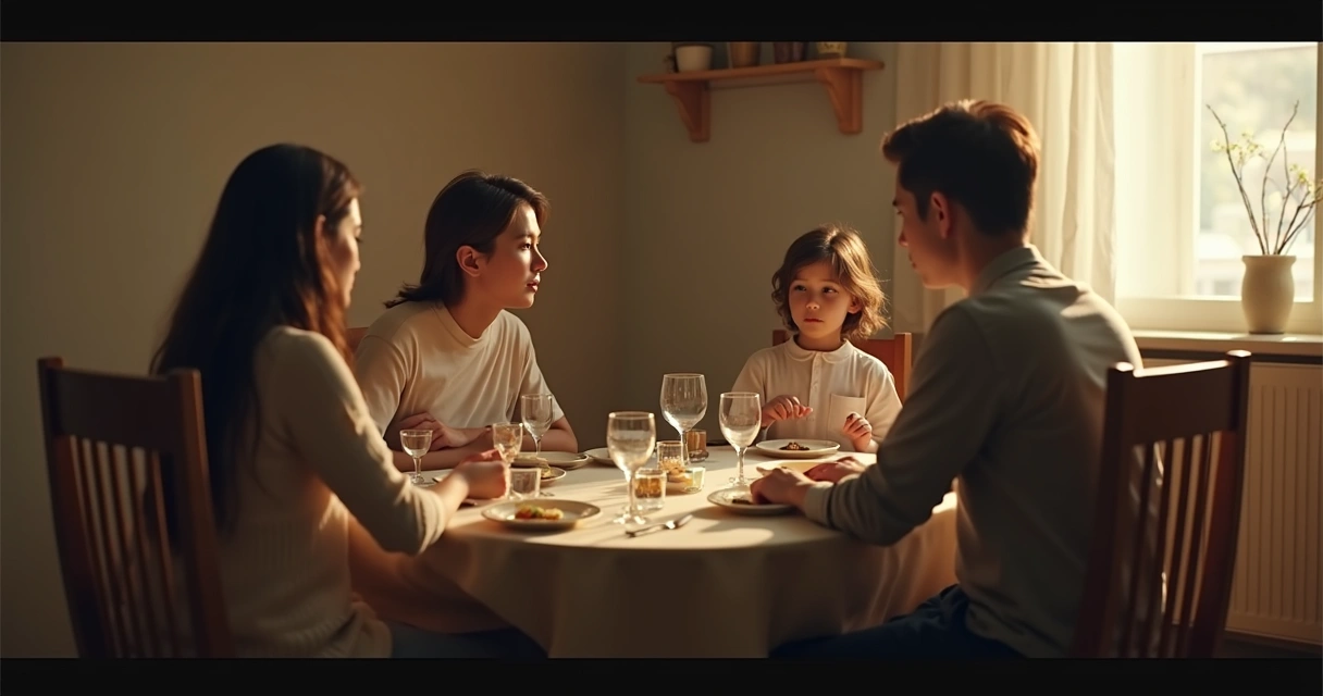 Quiet family dinner with one child withdrawn at the table