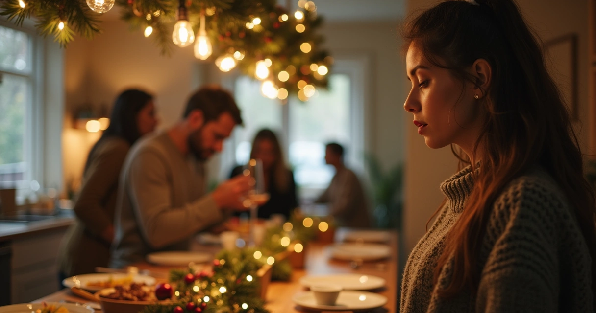 Person taking a quiet breath in a holiday kitchen