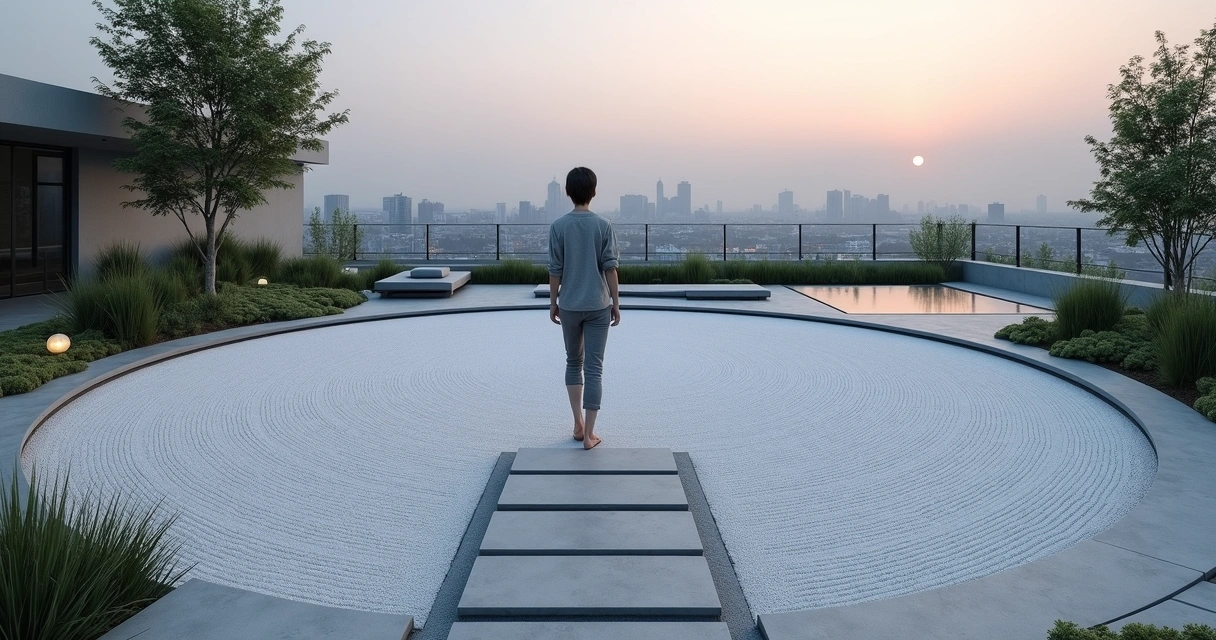 Person walking through circular stone path in tranquil minimalist garden 