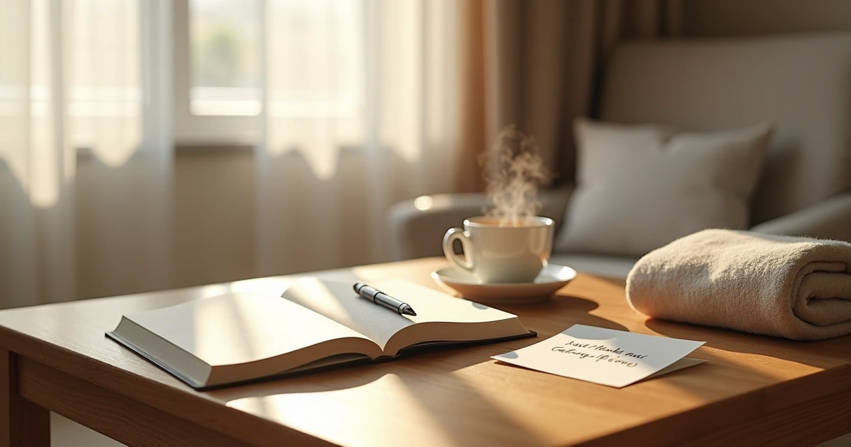 Journal, tea, and soft light on a calm table 