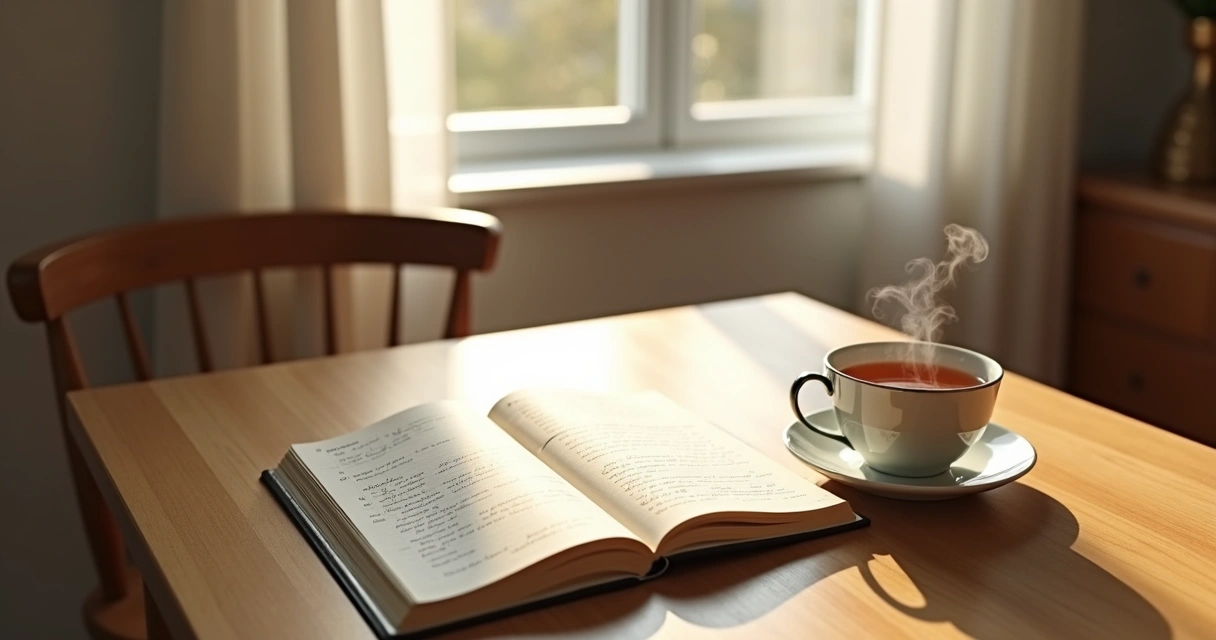 Notebook and tea on a quiet table by a window