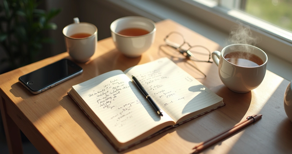 Notebook and phone placed apart on a calm desk