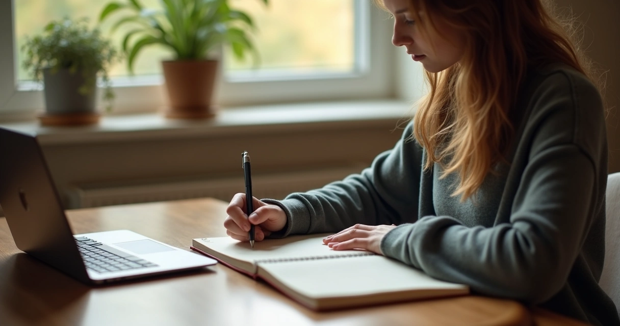 Person writing in a journal on a wooden desk, with a soft light and calming background. 