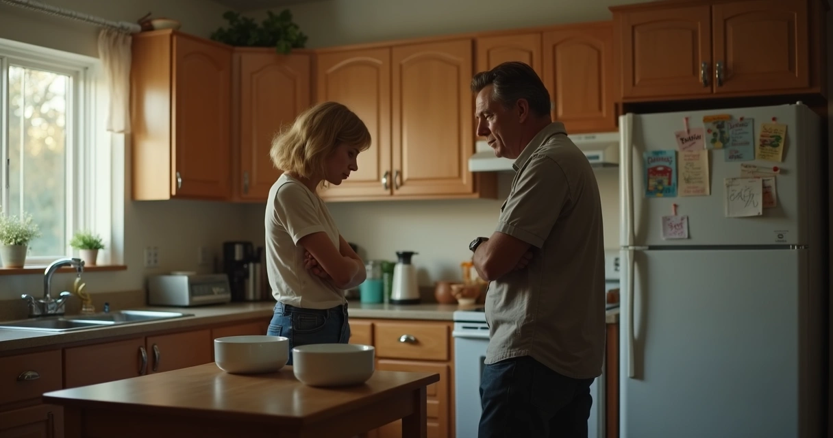 Two family members standing apart in a quiet kitchen 
