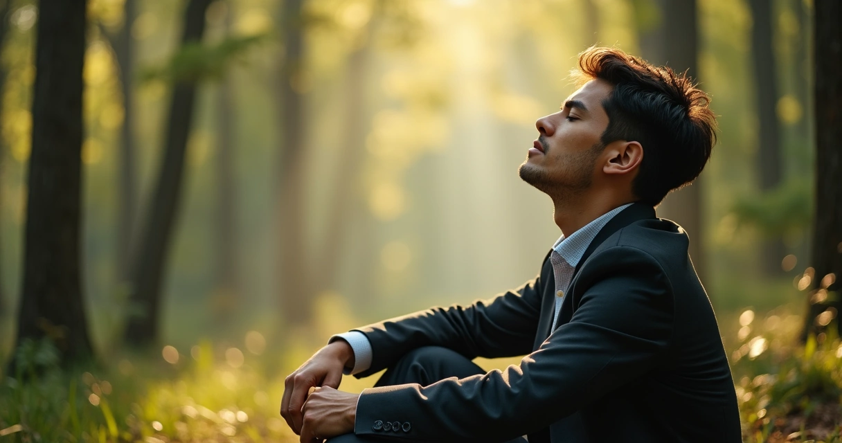 Leader sitting quietly in nature, eyes closed, reflecting in peaceful surroundings 