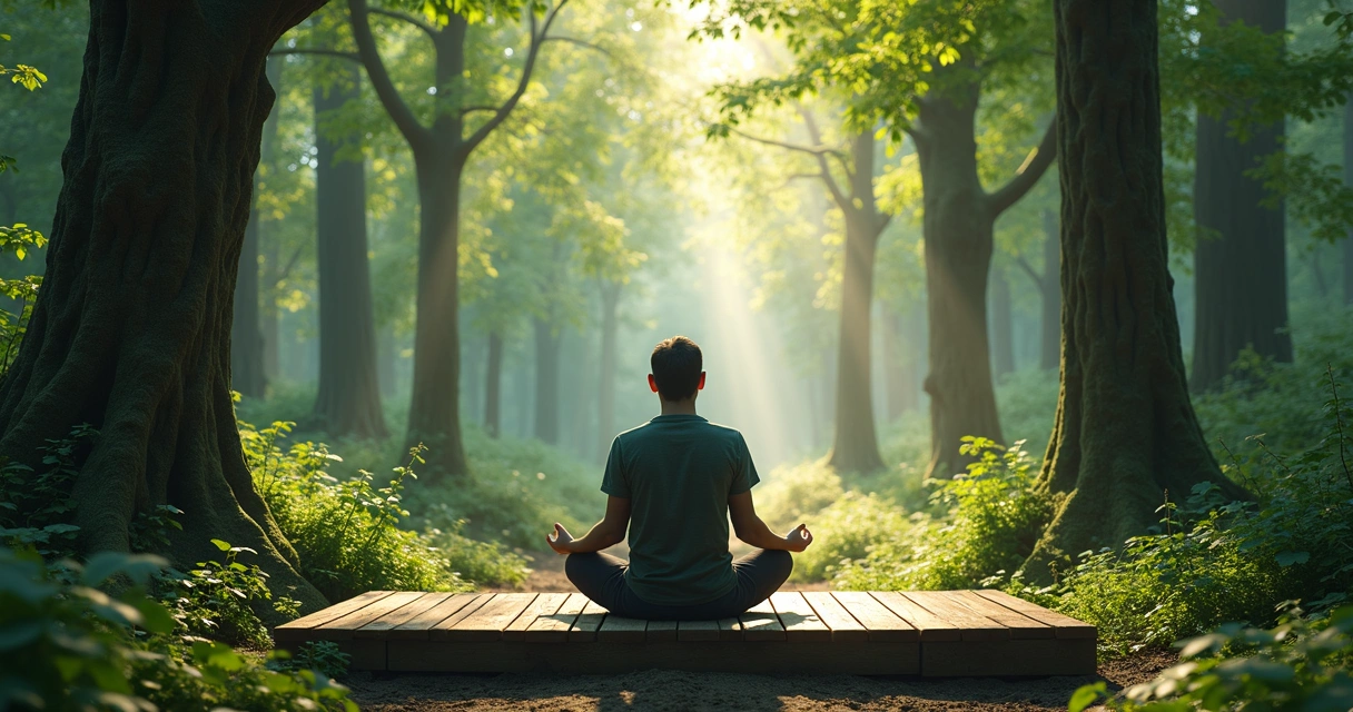 Serene forest view with a person meditating on a wooden platform, surrounded by trees and filtered sunlight 