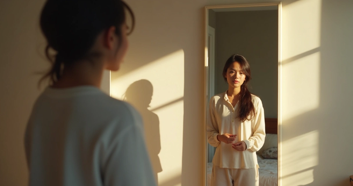 Person looking at mirror in soft morning light