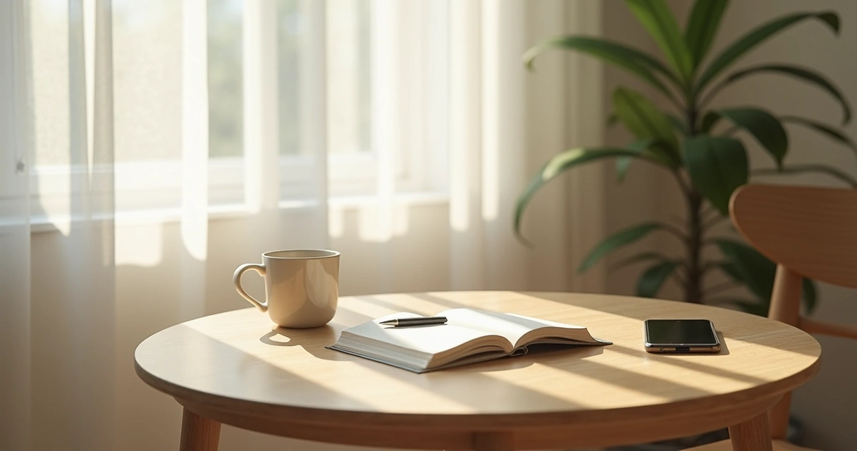 Notebook and cup on a table near a bright morning window 