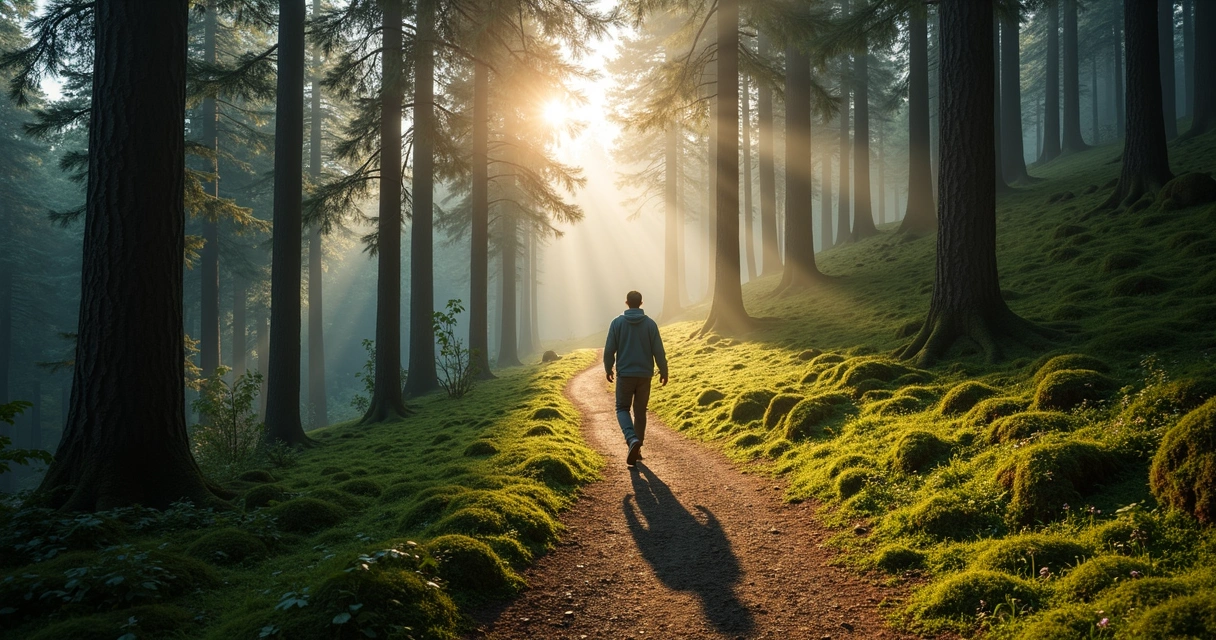 Man walks alone on a forest trail, rays of morning sun filtering through trees 