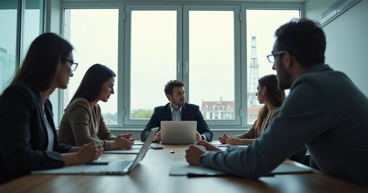 Quiet office meeting with one isolated worker and tense team discussion