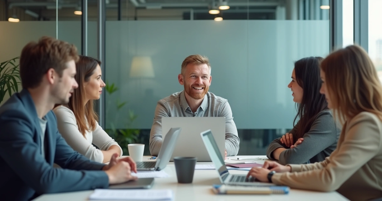 Team sitting in a quiet office meeting with visible tension 