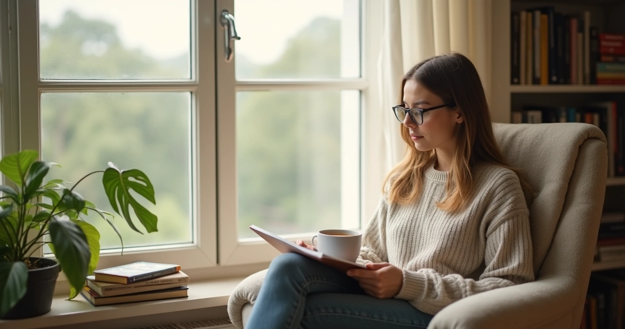 Person sitting quietly by a window with notebook
