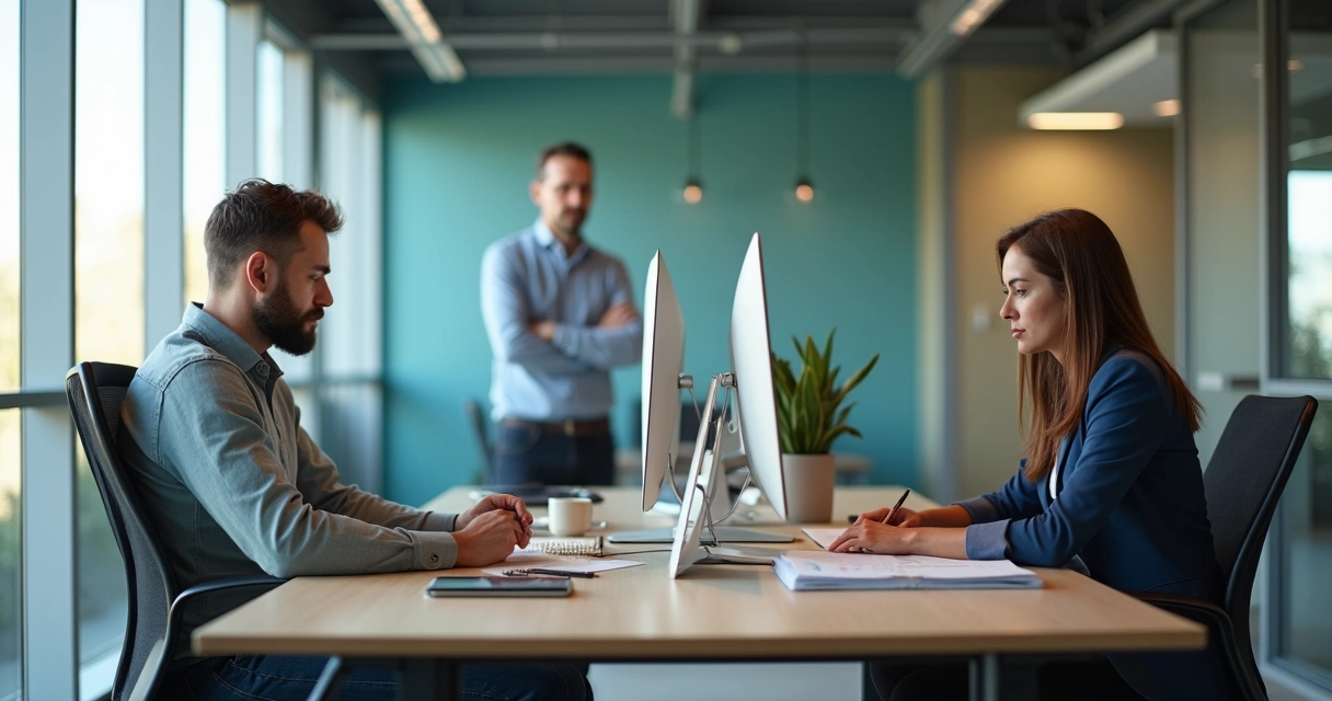 Office scene contrasting disengaged employee and attentive colleague with observing leader 