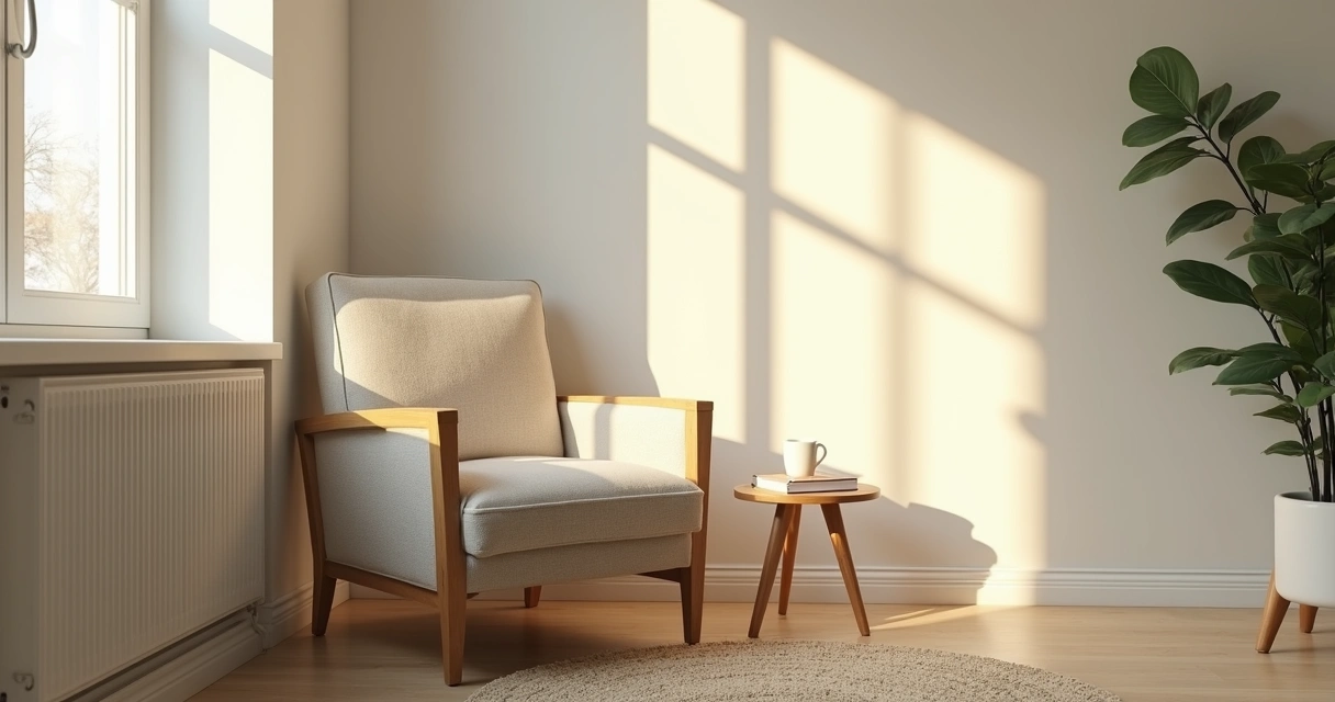Sunlit room corner with chair, plant, notebook, and soft natural light
