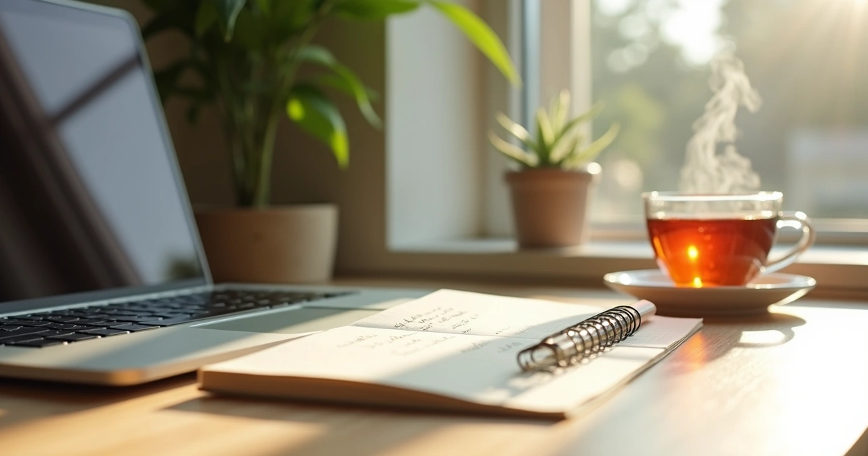 Calm desk with notebook, tea, and sunlight by a window 