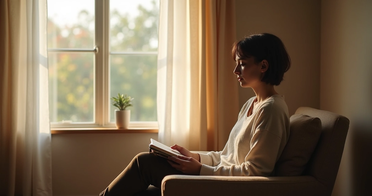 Person sitting quietly by a window in reflection