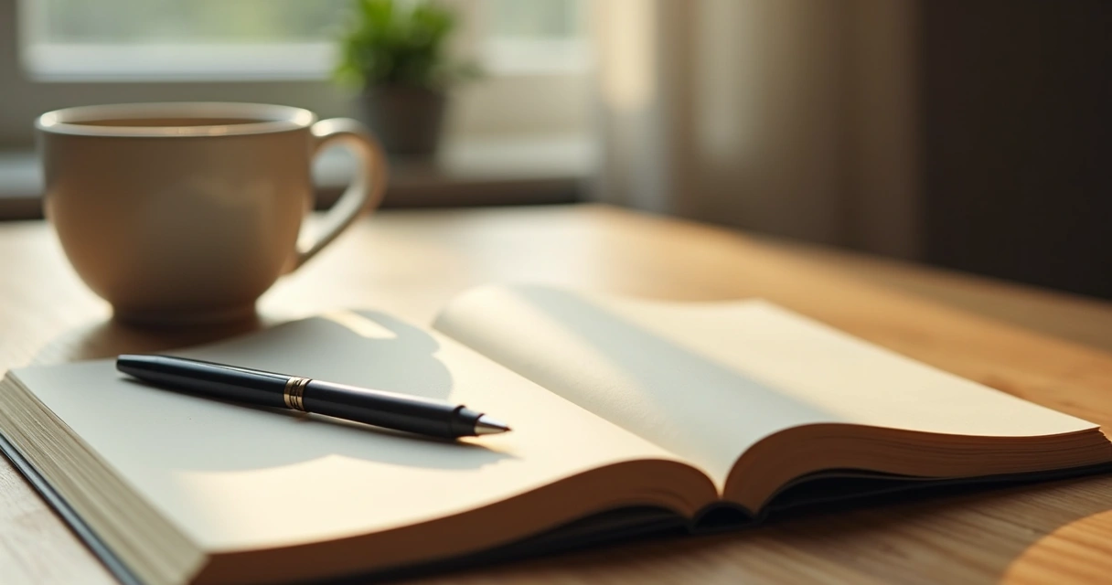 Open notebook with pen beside a cup of tea on wooden table
