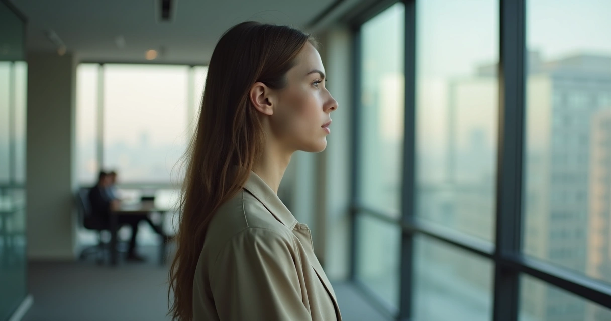 Person reflecting quietly by an office window after a difficult interaction