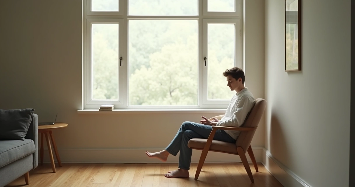 Person sitting quietly by a window in a calm room reflecting