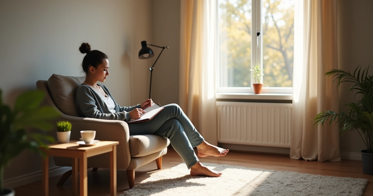 Quiet room with a person sitting in calm silence by a window