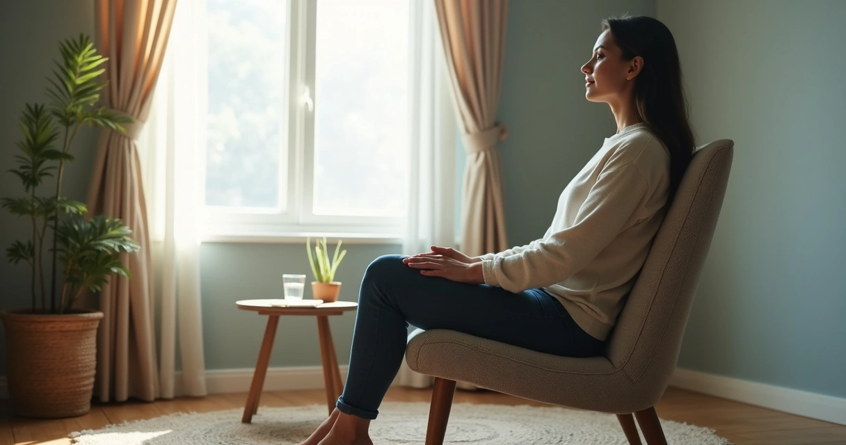 Person sitting quietly by a window with soft light