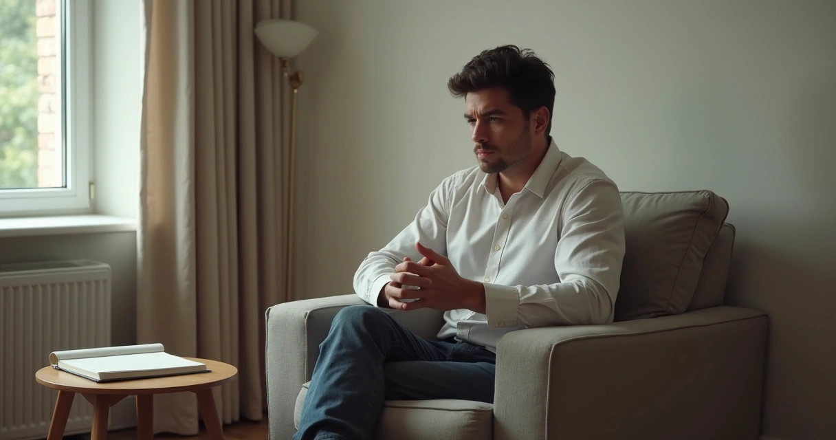 Person sitting quietly by a window with a reflective posture 