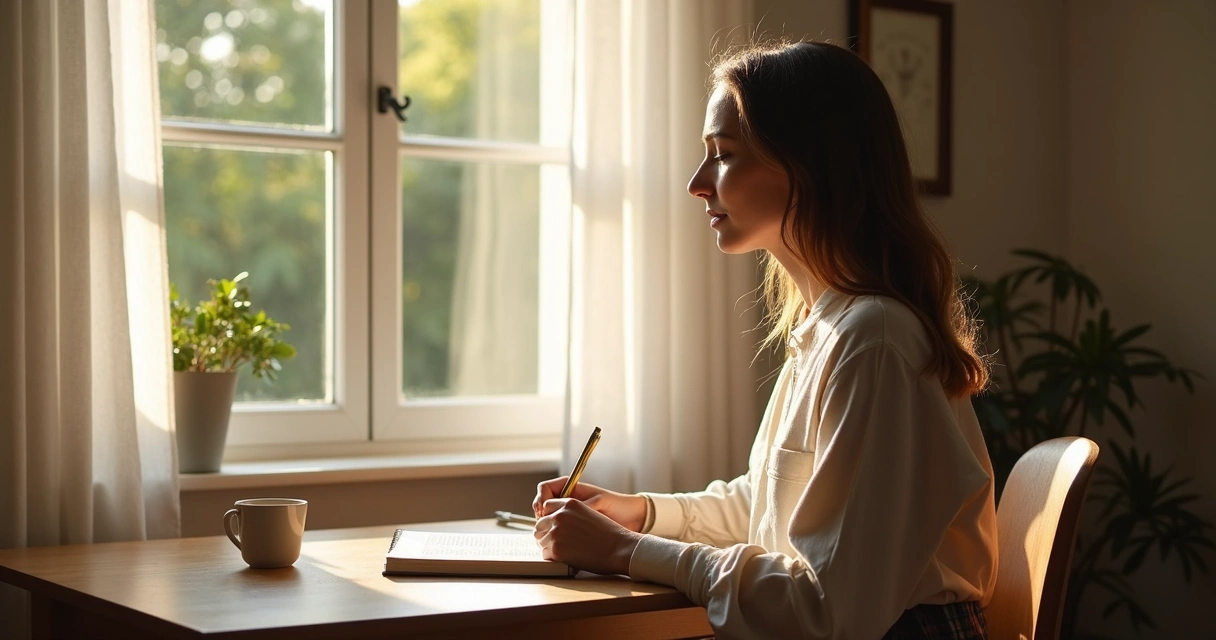 Person writing in a journal by a window in soft morning light 