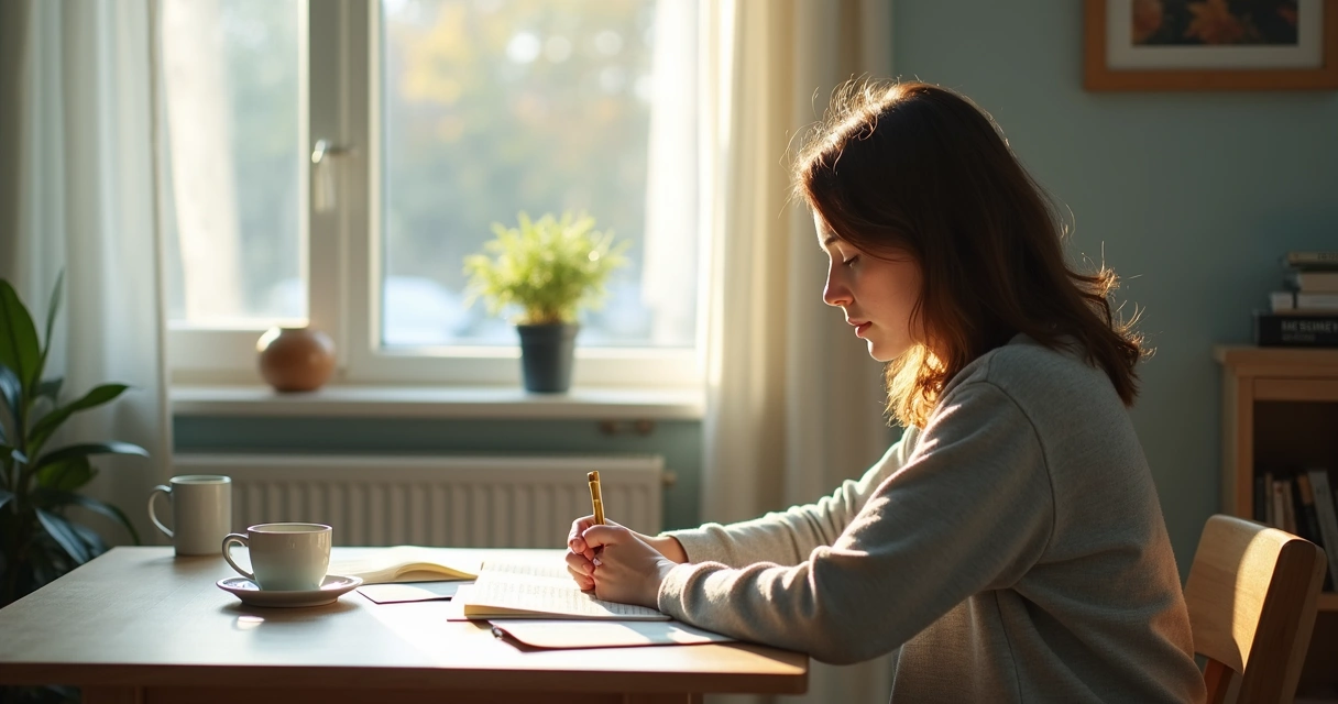 Person writing reflections by a window in soft morning light