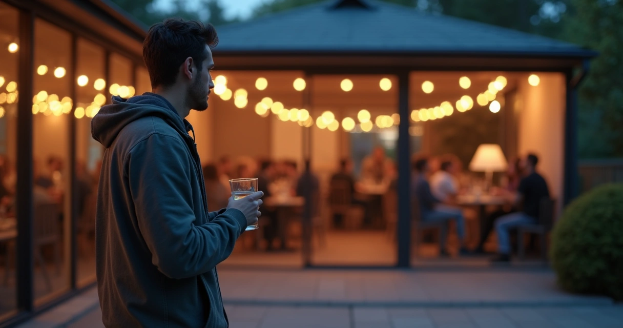 Person taking a quiet break outside a social event