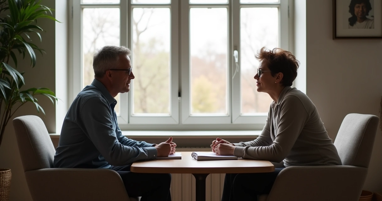 Two people talking quietly by a window with notebooks