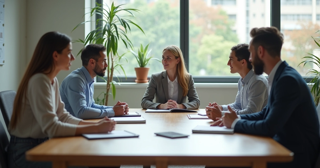 Team sitting in a quiet meeting room during a reflective pause