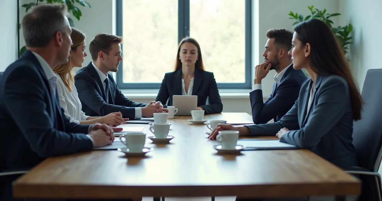 Team sitting quietly in a meeting room while one person speaks