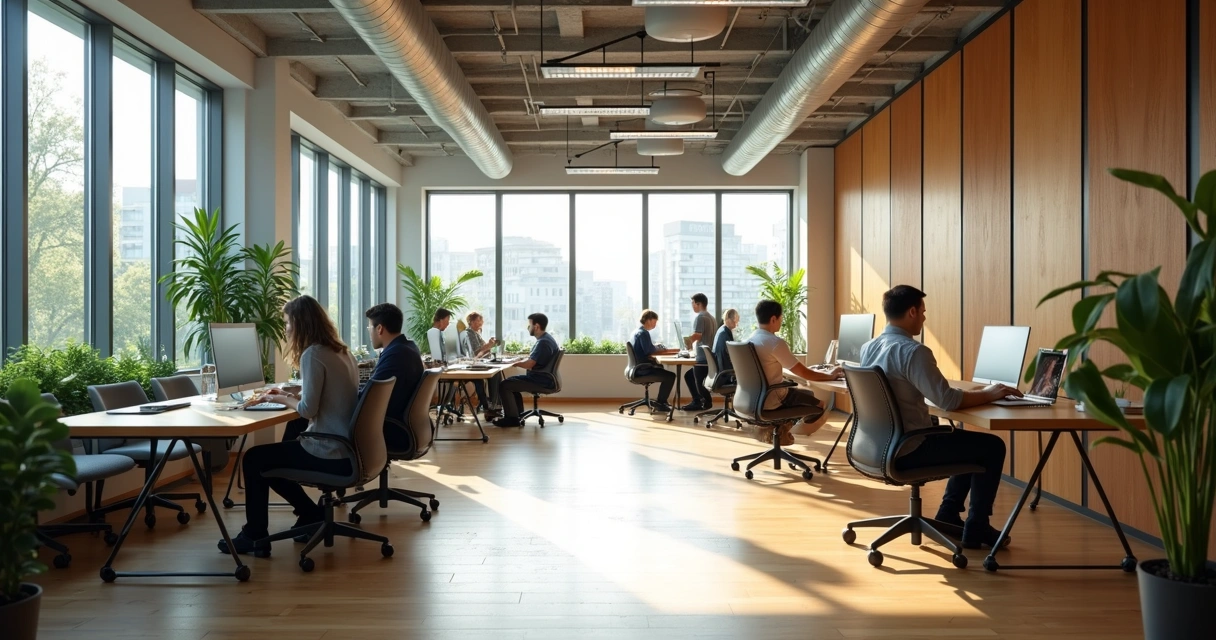 Quiet team workspace with natural light and acoustic panels 