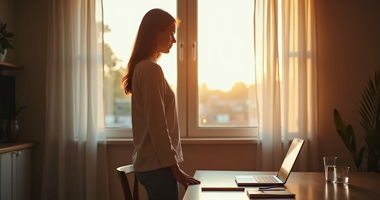 Person pausing by a window between daily tasks