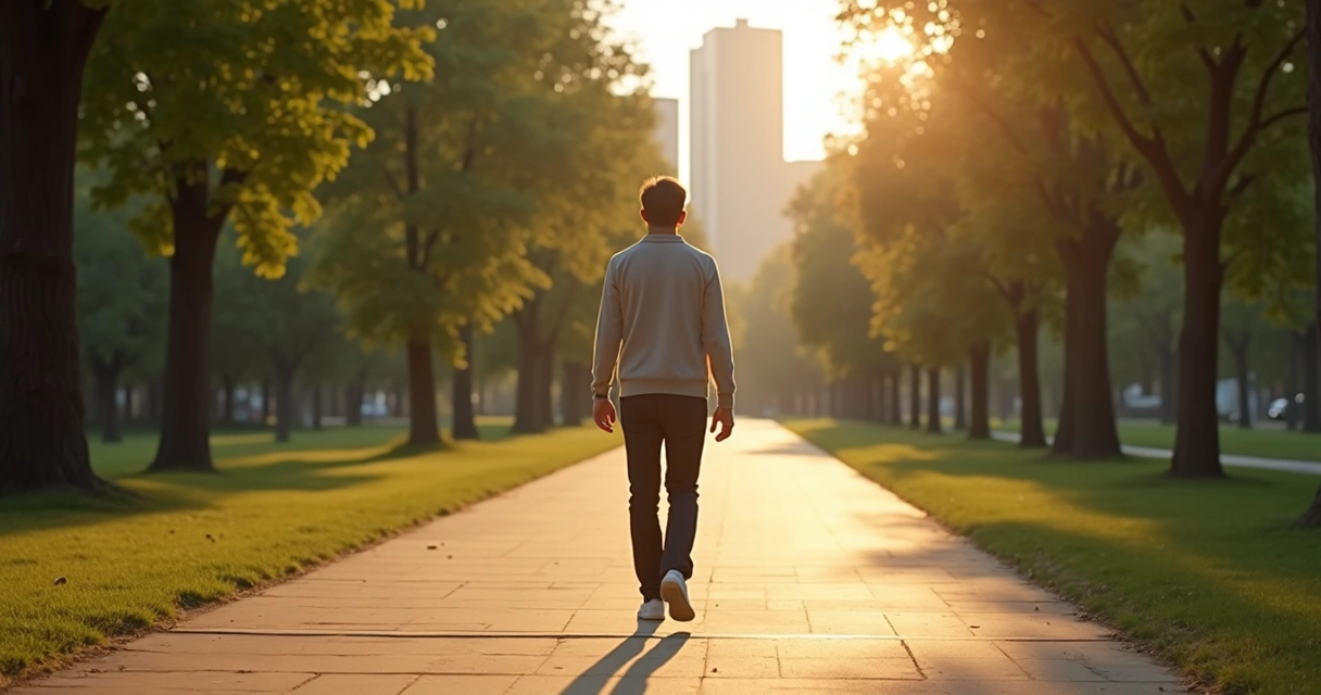 Person walking alone on a tree-lined path in a calm city park
