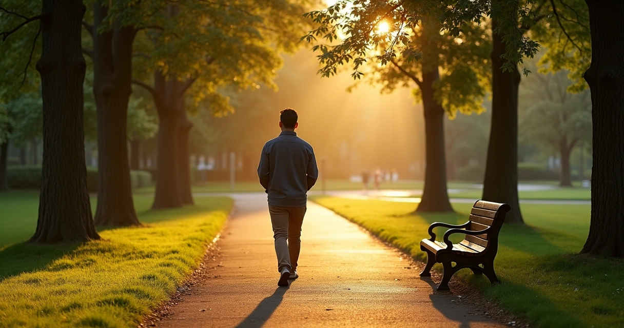 Person walking quietly near a park bench at sunset