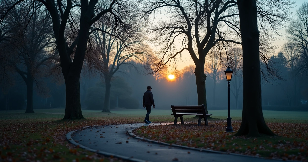 Person walking near a bench in a quiet park at dusk
