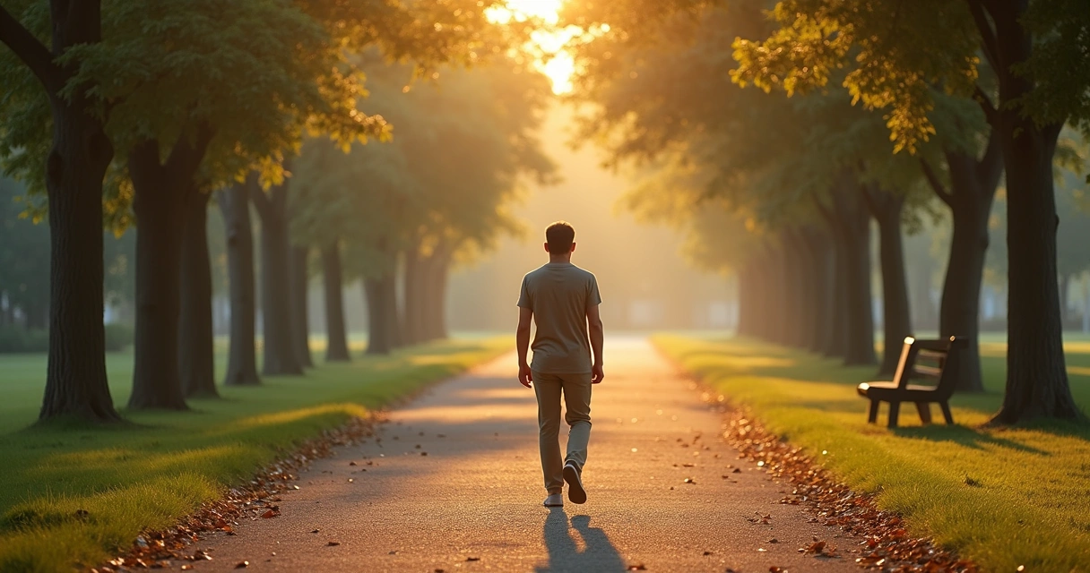Person walking alone in a quiet park path at sunrise