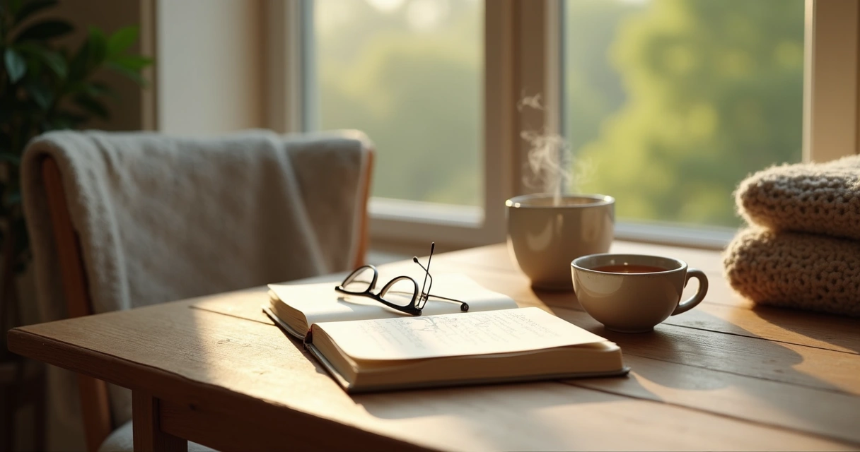 Journal and tea by a window in soft morning light 