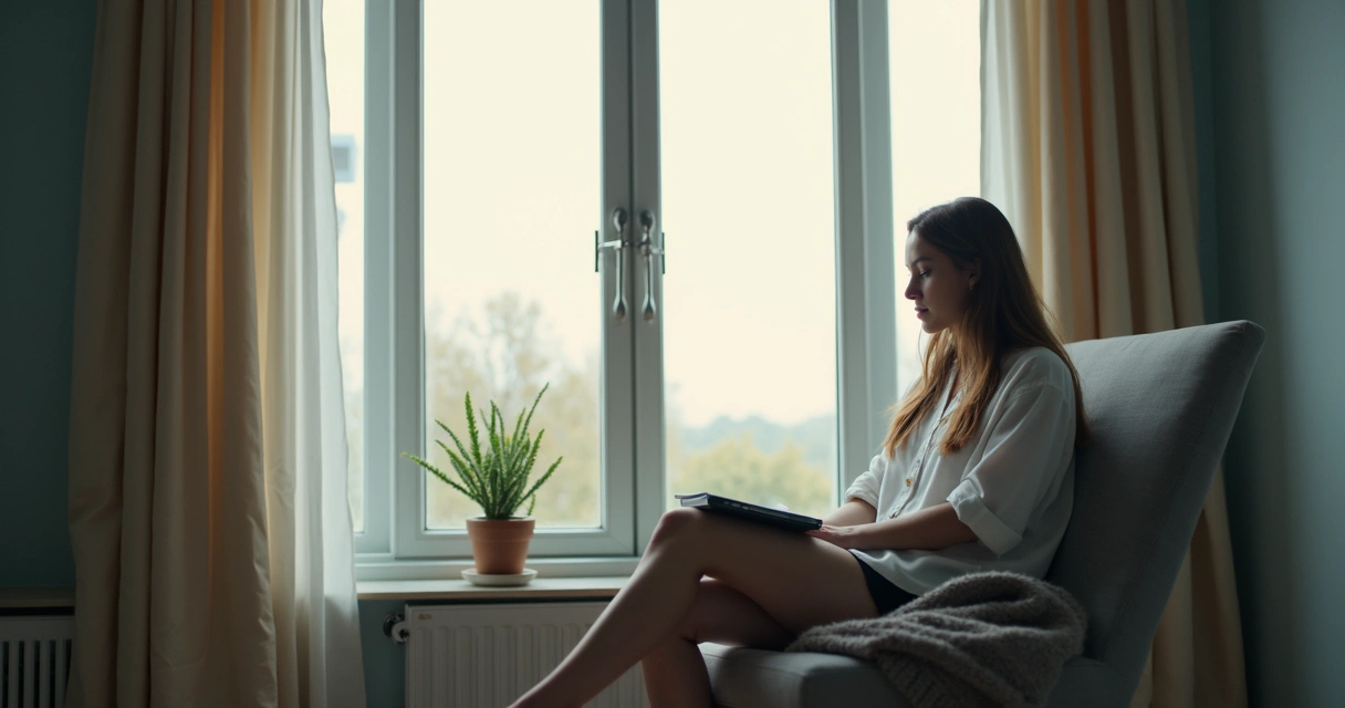 Person sitting by window in silent reflection 