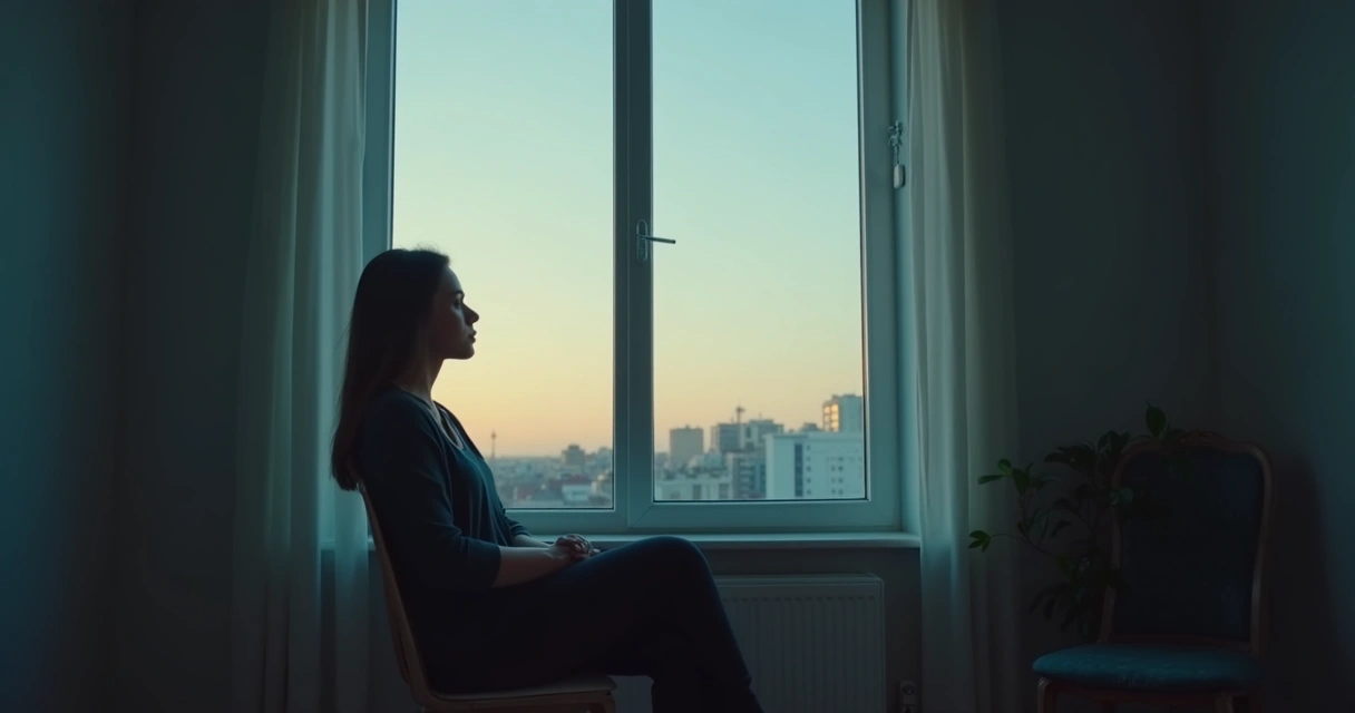 Person reflecting by a window with soft evening light
