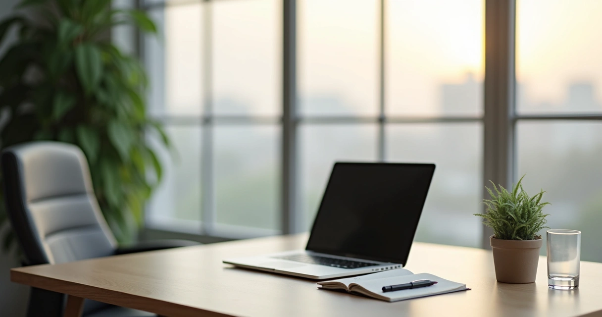 Quiet workspace with notebook, plant, and empty chair near a window