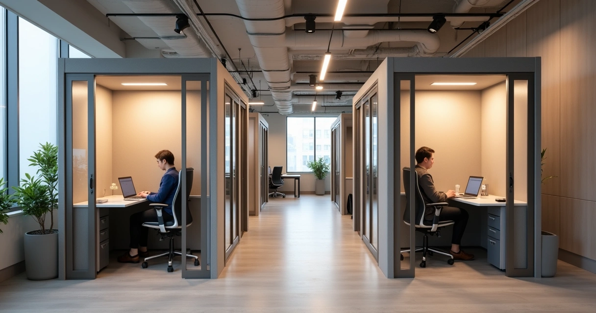 Quiet workspace with acoustic panels, private booths, and organized desks 
