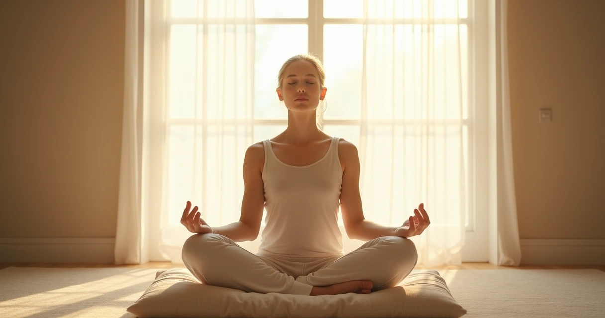 Pessoa sentada em posição meditativa, com expressão serena, luz suave ao redor. 